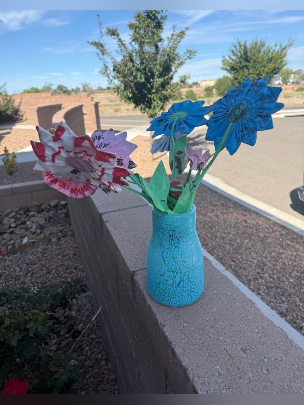Upcycled Feed Sack Flower Bouquet in Crackle Turquoise Glass Vase + Metal Accent